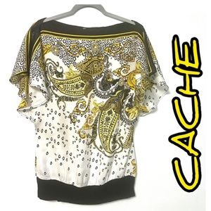 CACHE PRINTED SILK BLOWSE TOP  IN BLACK & YELLOW